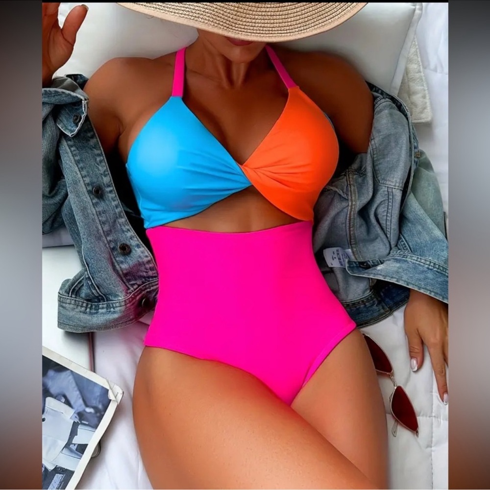 Neon Cut out Middle Twist One-piece Cut Out Tie Back Bathing Suit